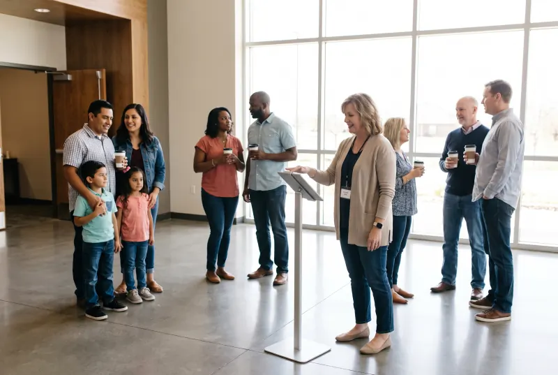 A greeter standing beside a tablet on a stand in a church lobby as members mingle with coffee