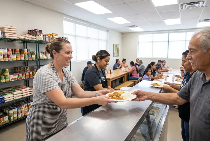 Volunteers serving hot plates to guests at a community food pantry at lunchtime