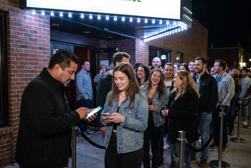 A door host scanning a ticket at the front of a queue outside a venue at night