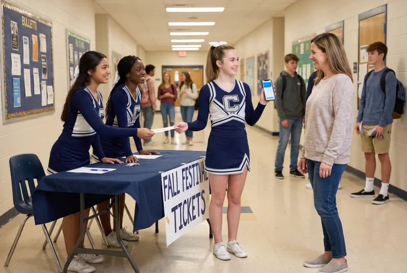 Two volunteers opening a cash box beside rolls of raffle tickets at a school hallway table while families line up