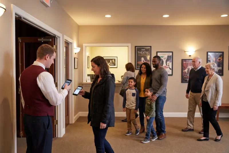 A theatre usher scanning a ticket from a patron's phone as guests walk in past framed show posters