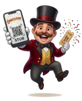 MrStubs mascot holding a ticket and phone