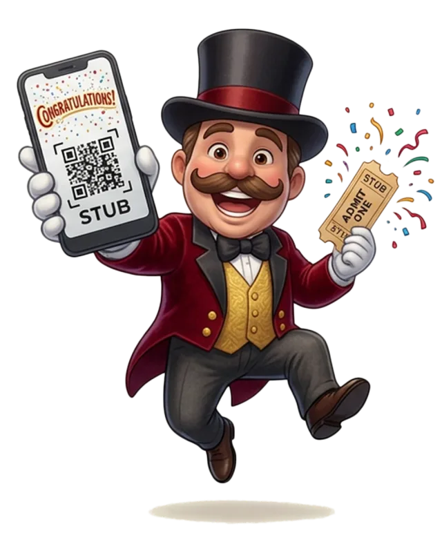 The MrStubs ringmaster mascot holding a printed admission ticket