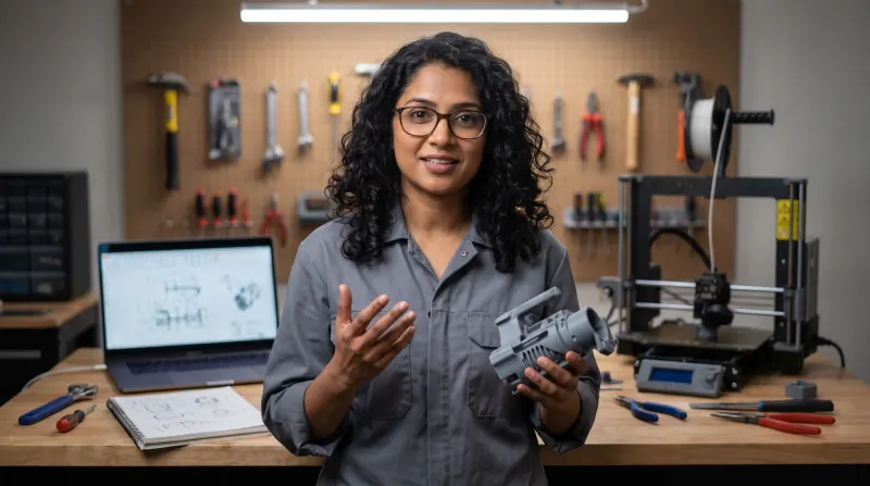 A woman in a home workshop holding up a 3D-printed prototype she invented, a printer and laptop on the bench behind her