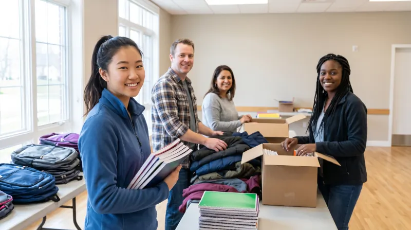Four volunteers sorting donated winter coats and school supplies onto tables in a bright community room
