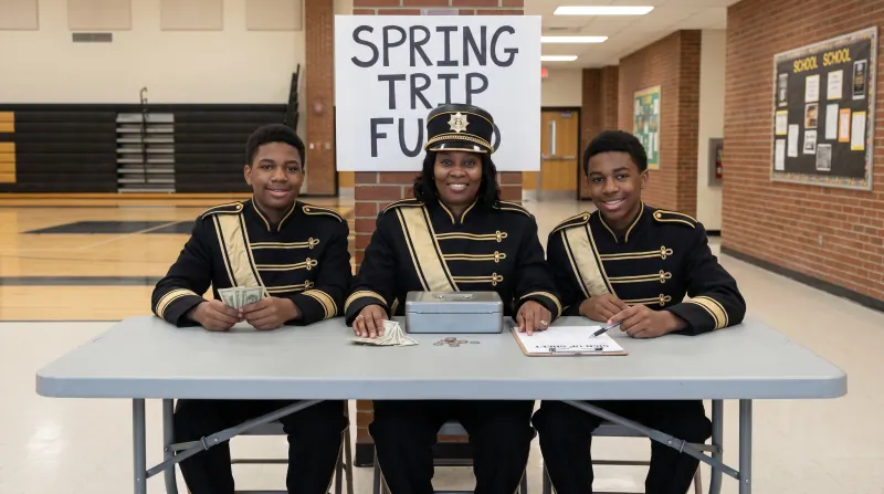 A band director and two students, all in marching-band uniforms, counting cash at a folding table under a hand-lettered Spring Trip Fund sign in a school gym