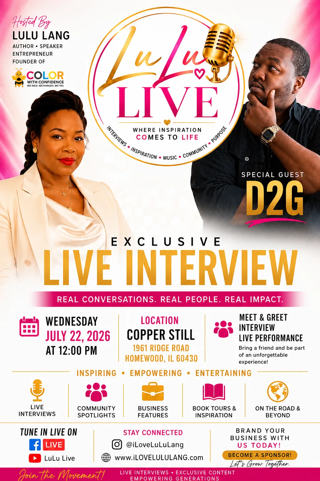 Event flyer for LULU LIVE: Exclusive Interview with D2G